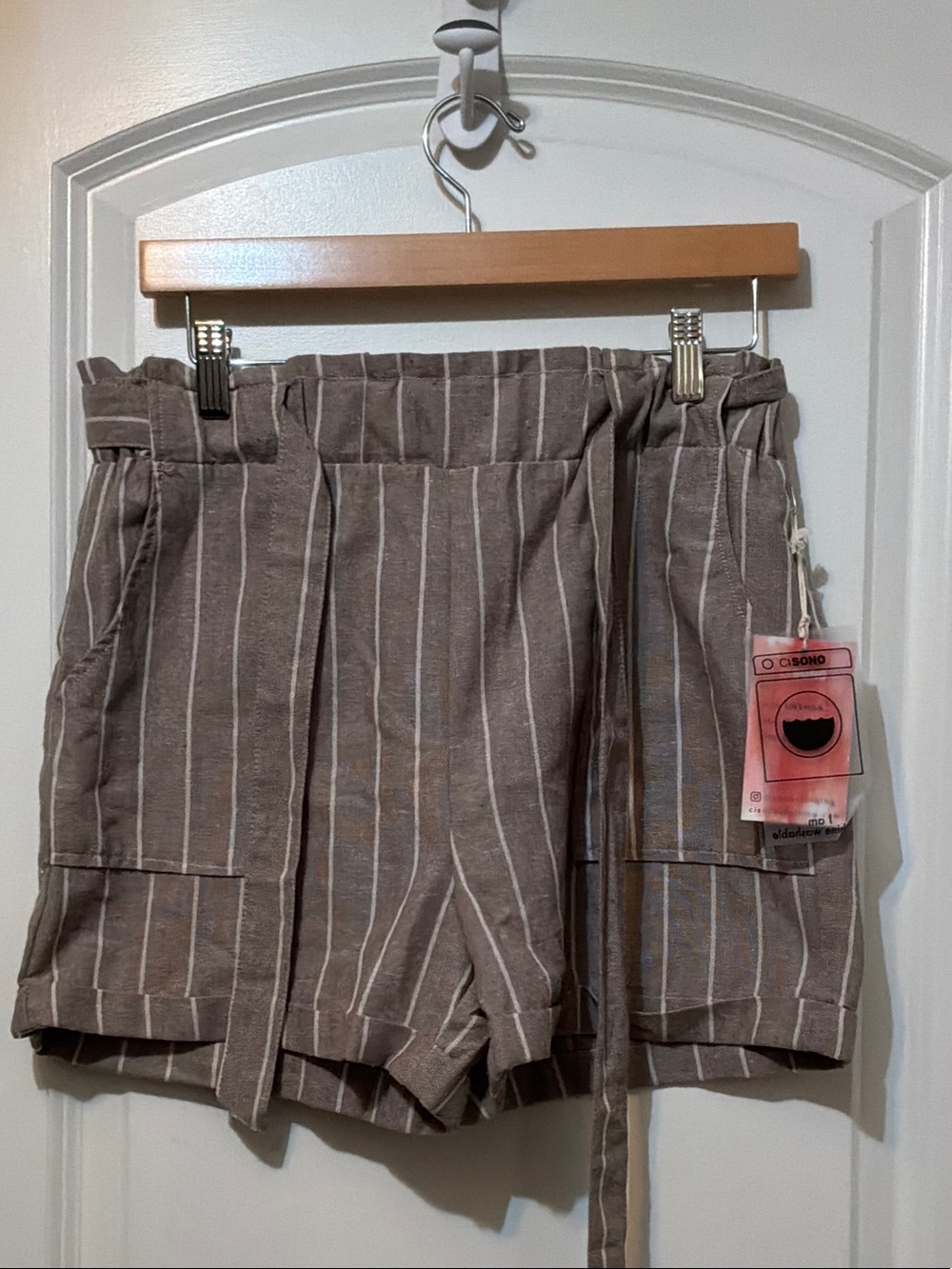 Striped Taupe Paperbag Waist Women's Shorts size L